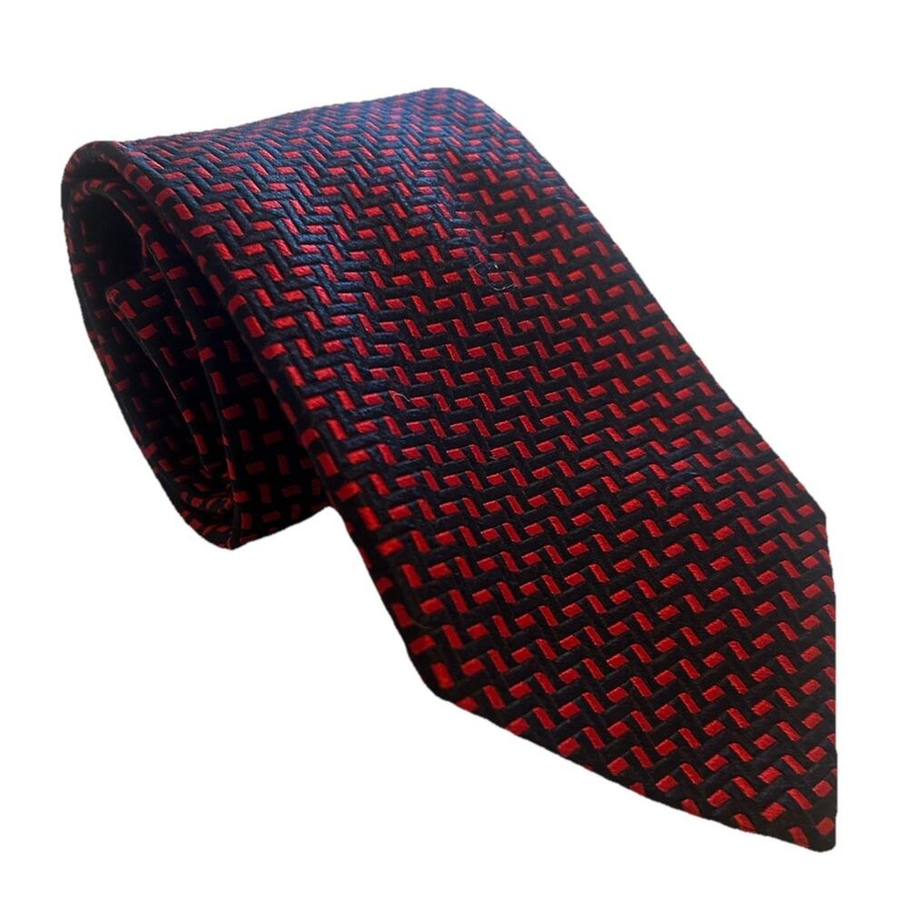 NWT Kenneth Gordon 3.75” Men’s Tie Red‎ Navy Woven 100% Silk made In USA Necktie